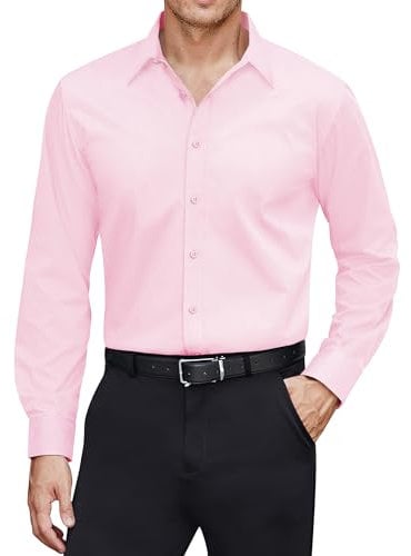 J.VER Men Dress Shirts Stain Shield Long Sleeve Shirt Slim Fit Stretch Wrinkle Free Casual Business Down Shirt with Pocket for Working Meeting Dating Light Pink-M