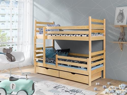 KEF Adalbert Etagenbett Kinder 80x170 cm - Holz Kinderbett - für Zwei Kinder - Holzbett mit Schubladen - Massivholz Kinder Bett mit Lattenrost - Transparent - mit Matratze - Leiter Universal
