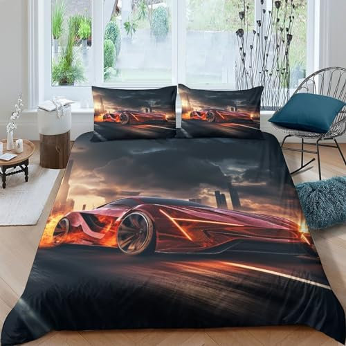 CRJUS Speed Sport Auto Betten Set Für Kinder Erwachsene Mädchen Bettbezug Set Racing Autos Bettwäsche Set Für Schlafzimmer, Weiche Bequemer King(220x240cm)