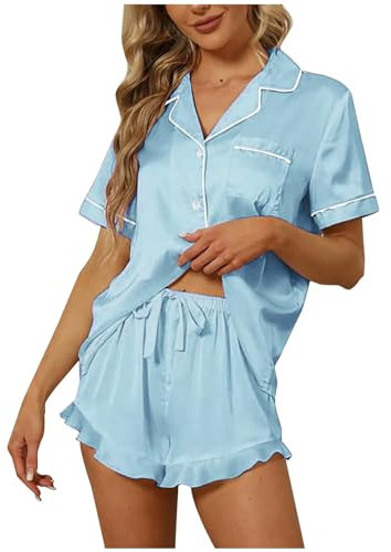 2 Piece Pyjamas Set for Women Silk Pyjama Button Down Short Sleeve Tops and Ruffle Shorts V Neck Solid Color Satin Pjs Set Loose Comfy Sleepwear Loungewear Two Piece Pj Sets Summer Light Blue
