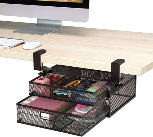 Ruiqas 2 in 1 Clamp-on Under Desk Drawer Organizer No Drill Slide Out Mesh Metal Desk Drawer Accessories for Office and Home Essentials