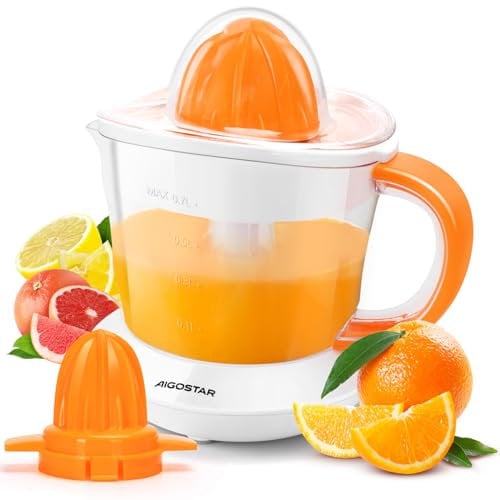 Aigostar Electric Citrus Juicer, 700ml Bowl, 2 Cones, 2-Way Rotation, Filter, Lemon & Grapefruit White - Nia 031IL