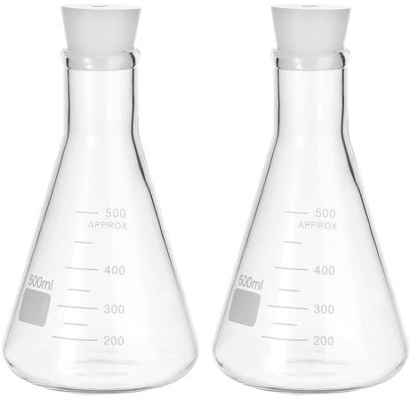 PATIKIL Erlenmeyer Flask, 2 Set 500ml 16.9oz Narrow Mouth Graduated Flasks with Silicone Stopper Borosilicate Glass Flasks with Printed Graduation for Lab Experiment Chemistry Science
