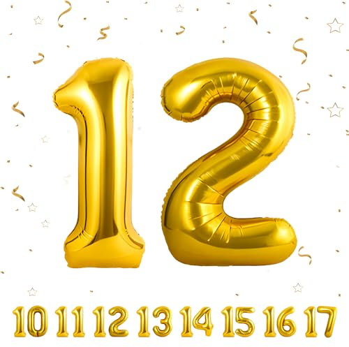 12 Geburtstag Deko zahlen luftballon 12 jahre | Folienballon Gold - für 12. Geburtstagsdeko Männer Frauen Ballon Zahl Deko zum Geburtstag fliegt mit Helium 12.Geburtstagsparty 40-101cm