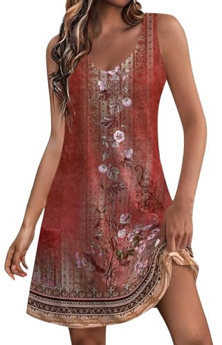 Robe Rose Chic en Coton et Lin pour Femme - Mi-Longue Bohème d'Été - Grande Taille - Rouge S