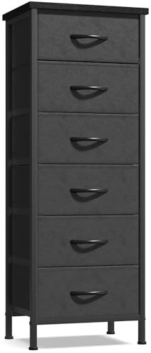 COWISH Tall Dresser with 6 Drawers, Vertical Bedside End Table and Chest of Drawers for Bedroom, Black Furniture with Fabric Drawer Nightstand Organizer Unit in Living Room, Closet, Entryway, Hallyway