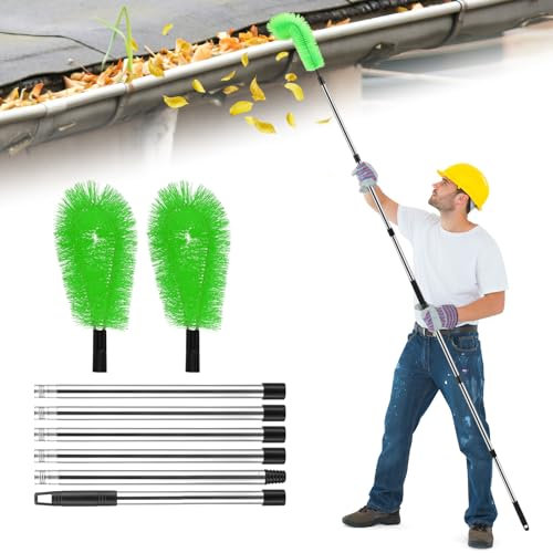 Telescopic Gutter Cleaner Gutter Cleaning Brush Tools, 250CM Extendable Brush for Cleaning Roof Gutter Cleaning Pole, 8 Pcs Detachable Cleaning Brush Tool for Cleaning Leaves Debris Window, Green