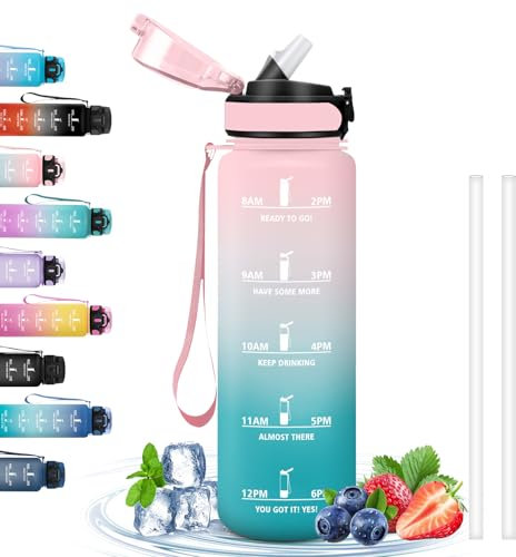 Gourde, Gourde 1l avec Paille, Gourde Sport Anti-Fuite, Gourde Reutilisable avec Slogan de Motivation, Gourde pour Boire Plus, Facile à Transporter, pour Fitness, Cyclisme, Extérieur, Yoga, Rose-Cyan