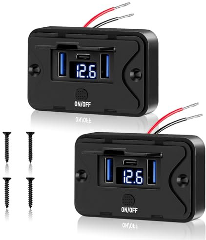 Daakro 2 Stück 72W USB Ladebuchse 12V Autoladegerät Mit Voltmeter Dual QC3.0 USB & PD3.0 Typ C Handy Schnellladegerät Wasserdicht mit Schalter für 12 V / 24 V Wohnwagen, Auto, Motorräder, LKW