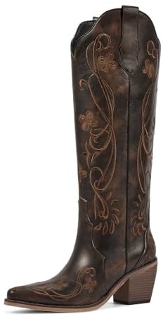 wetkiss Knee High Cowgirl Boots for Women, Vintage Brown, Size 9