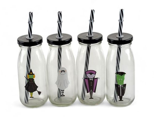 Gem Imports Halloween Glass Milk Bottles with Lid and Straws - Set of 4