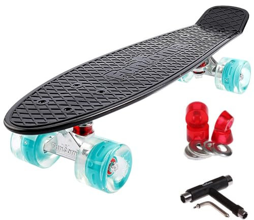 FunTomia Skateboard 57cm Mini-Cruiser Board mit T-Tool, ABEC-9 Kugellager, LED Rollen, Kinder Anfänger (Schwarz mit Petrol LED Rollen)