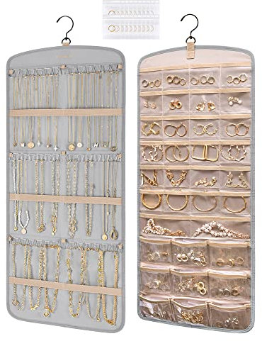 bagsmart Hanging Jewelry Organizer, Necklace Holder Anti-tangle Earrings Rings Hanger with 20 Jewelry Bags Travel Storage Roll with Pockets Hang on Closet, Wall, Door,1 Piece, Large,Grey