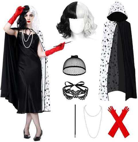 Generisch IEEILULU 7PCS Cruella Devil Kostüum Damen, Cruella Kostüm Damen, Cruella Perücke Umhang, Karneval Kostüm Damen für Karneval Fasching Cosplay Maskerade Halloween