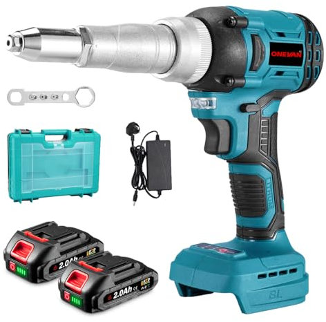 ONEVAN Battery Riveting Pliers Cordless Gun - with 260 N·m Max Torque, Cordless Pop Rivet Stroke Length 20 mm, with 2 2000mAh Batteries of for 2.4-5.0 mm Blind Rivets