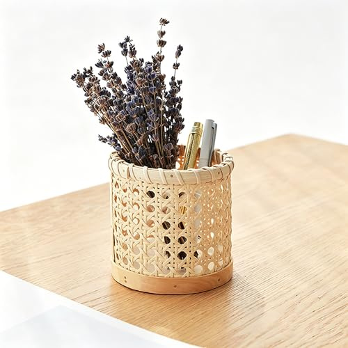 Petit pot à crayons en rotin tissé à la main - Multifonction - Organiseur de bureau tissé pour crayons, articles divers au bureau et à la maison, pinceaux de maquillage.