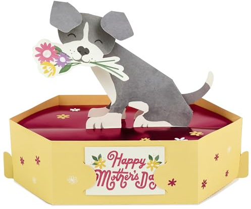 Hallmark Mothers Day Card for Mum, 3D Pop Up Dog, Flowers, Grey, Yellow | Red, Measures H13.5cm X W17.7cm X D11cm, Pink Envelope, Recyclable, Die-cut, Paper Wonder