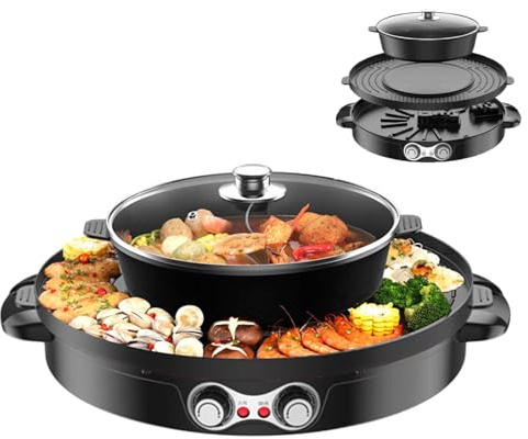 2 In 1 Elektrischer Hot Pot mit Grillfunktion, 2200W Multifunktion Elektrische Grill Hotpot mit Deckel & Abnehmbar Kochplatte, TkkMivcOC Antihaft Grillofen für Korean BBQ Barbecue Fondue