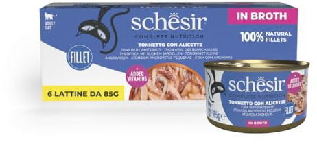 Schesir, Thunfisch mit Alicette in Brühe, komplettes Nassfutter für Katzen, in Dose, mit zusätzlichen Vitaminen, 100% natürlich, 6 x 85 g