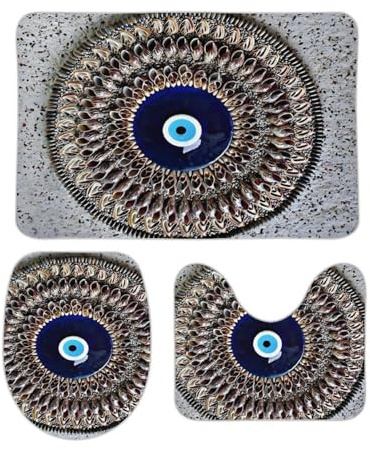 Set 3 Teilig Badvorleger Griechisch-Türkisches Matiasma-Augen-Mandala Badematte 3-TLG Langlebige Wasserabsorbierend Nicht Beleg Pedestal Und Badvorleger Set, Für Spa, Badezimmer, Wc-Sitz Bezug