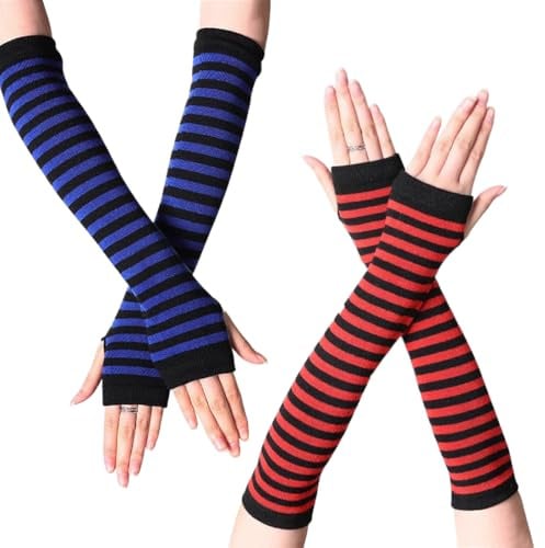 GHPKOTW 2 Paare Lange Fingerlose Handschuhe, Gestreift Stricken Armwärmer im Y2K-Stil – Warme Fingerlose Armstulpen für Damen (Herbst/Winter)