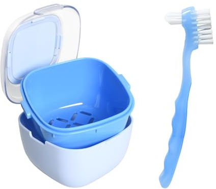 Gebissdose Blau, Prothesendose mit herausnehmbarem Einsatz, Zahnprothesen Box für Aufbewahrung und Reinigung, tragbar und leicht zu reinigen