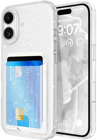 ZCDAYE for iPhone 16 Clear Case with Card Holder, Transparent Glitter | Slim Fit Phone Case with Card Slot, Soft Shell, Practical Card Case, Durable Simple Design Protective Cases for Man Women