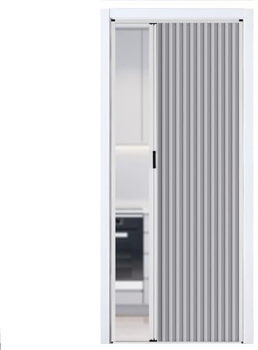 Puerta plegable de acordeón de 195 cm, puerta de división temporal de panal con marco de aluminio blanco para dormitorios, baños, cocinas, puerta interior gris multifuncional (ancho x alto): 125 cm x