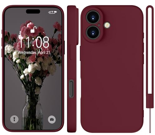KPPIT for iPhone 16 case silicone,f,Full camera coverage Military-Grade Protection 360°,With Protective hand strap slim Case for iPhone 16,Wine Red