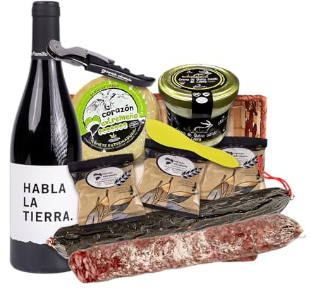 Cesta Lote Pack Picoteo Botella Vino Tinto Habla de la Tierra Salchichón y Chorizo Vela Ibéricos Queso de Cabra y Crema Artesano 3 Packs Picos de Pan – Regalo Premium Extremadura - CORAZON EXTREMEÑO
