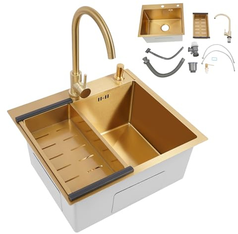 ROGONPDK Lavandino in acciaio inox oro lavandino con rubinetto, lavello da cucina, piano di lavoro, lavandino rettangolare, lavello in acciaio inox, per bagno/lavandino/cucine