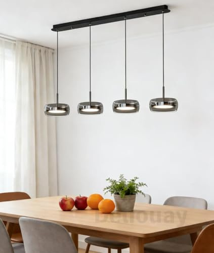 Deliouay Moderne LED Pendelleuchte Wohnzimmerlampe mit Kristall Glas Anhänger Lampe Dimmbar Esstischlampe Hängelampe mit Fernbedienung Pendellampe Höhenverstellbar für Kücheninsel Esszimmer (4Köpfe)