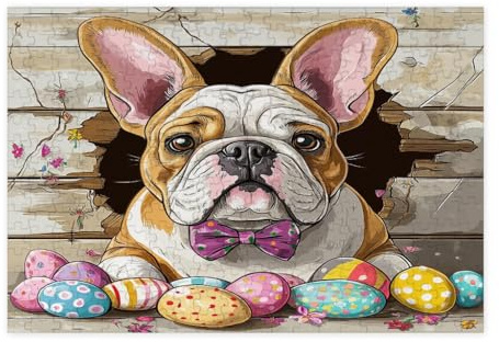 Spring Easter Bulldog Jigsaw Puzzles for Adults 300 Piece, Fun Rustic Eggs Puppy Wooden Puzzles, Farmhouse Pattern Decor for Home Entertainment
