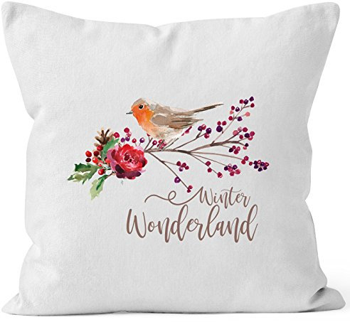 Autiga Kissenbezug Weihnachten Winterwonderland Vogel Rotkehlchen Blumen Misteln Christmas Bird weiß 40cm x 40cm
