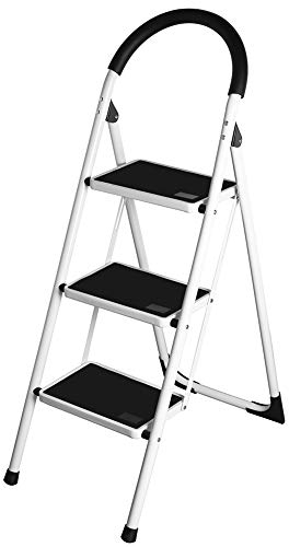 Bakaji Scala Scaletta Pieghevole Salvaspazio con Gradini Antiscivolo e Maniglione di Sicurezza Sgabello Scaletto Struttura in Acciaio e Rivestimento in Gomma Portata massima 150kg (3 Gradini)