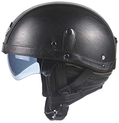 Oldtimer Motorradhelm Retro Leder Halbhelm Deutscher Stil Roller Cruiser Chopper Anti-Collision Helm mit Visier DOT Zertifiziert Roller-Helm Scooter-Helm Mofa-Helm Motorrad HalfHelm C,56~61cm
