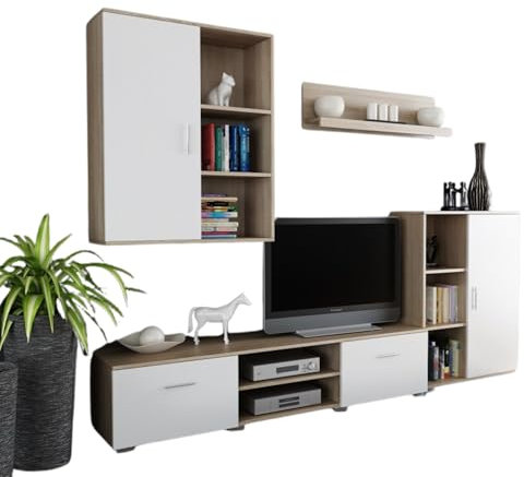 Per la vita Wohnwand Ikar, Schrankwand Wohnzimmer Modern, Wohnzimmerschrank mit Hängeschrank, Fernsehtisch, Sideboard und Wandregal, Wohnzimmer Komplett Möbel - Sonoma/Weiß