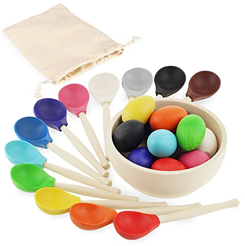 Ulanik Huevos y Cucharas Juguete Montessori Juego Clasificador de Madera 12 Huevos 45 mm Edad 1+ Clasificación y Conteo de Colores Educación de Aprendizaje Preescolar