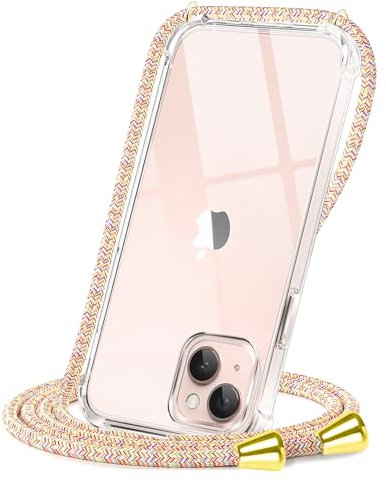 CAROKI Compatible with iPhone 13 Crossbody Phone Case, Lanyard Protective Case with Adjustable Length Lanyard Rope Shockproof Hands-Free Clear Transparent TPU Silicone for iPhone 13-Rainbow