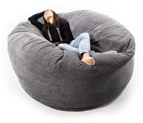 LIVEDECO - Pouf Rond XXL, Déhoussable avec Billes, Velours Côtelé Ultra Doux Gris, Intérieur pour Salon, Chambre - Titan