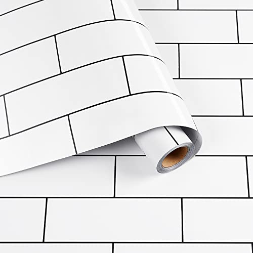 HelloWall Black White Brick Peel and Stick Wallpaper White Tile Wallpaper Aluminum Subway Tile Contact Paper Roll Removable Waterproof Stick on Kitchen Backsplash School Locker Wall Paper 17.7x80