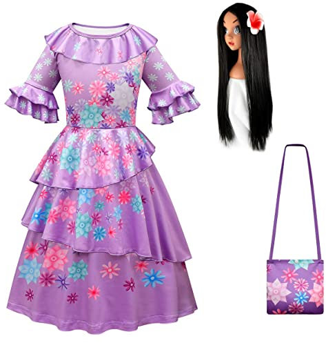 Eleasica Kinder Encanto Isabella Kleid für Prinzessin Mädchen Kostüm für Halloween Verkleidung mit Zubehör Tasche und Perücke Geburtstag Weihnachten Karneval Fest,Violett,110