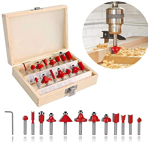 Set Frese per Legno Set di Fresa per Scanalature del Legno, 15 Pezzi Punte da Taglio Legno in Metallo Duro attacco da 6,35mm 1/4'' Set di punte per router Set di Frese codolo