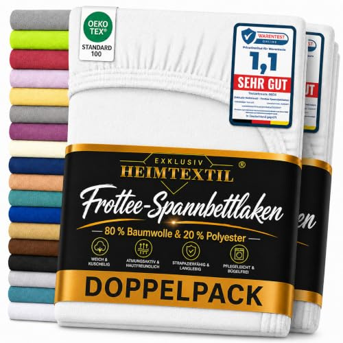 EXKLUSIV HEIMTEXTIL Frottee Spannbettlaken Premium Marke Doppelpack 180-200 x 200 cm 80% Baumwolle, 20% Polyester Öko - Tex Zertifiziert, Markenqualität, Matratzenhöhe bis 25 cm, Weiß