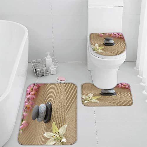 TiaoTian Badematten Set 3 teilig 50x80 Zen 3D Badezimmerteppich Set WC Vorleger Set rutschfeste Badematte Maschinenwaschbar Badteppich Set für Badezimmer badvorleger Kiesel Lilien