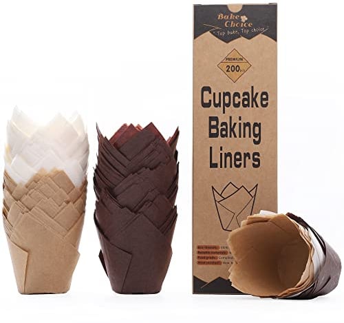 Caissette Muffins Papier Tulipe,200 pièces Standard,Moule Muffins Papier Mix,Parchemin Européen & Anti-adhésif, pour Cuisson Desserts/Fêtes/Noël/Anniversaires/Pâtisserie,Taille Standard