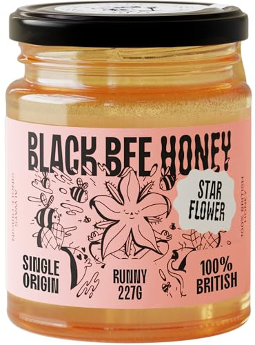 Black Bee Honey - Starflower Honey Pure British Borage Light Sweet and Floral, Unprocessed, Single Source from Hive to Jar, Never Blended - Delicious on Toast or Soothing in Drinks, 227g Glass Jar