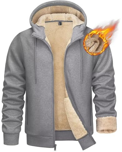 KEFITEVD Giacca con cappuccio da uomo Sherpa, foderata, in pile, invernale, con coulisse, in cotone, traspirante, antivento, per attività all'aria aperta, Melange grigio chiaro., XXL