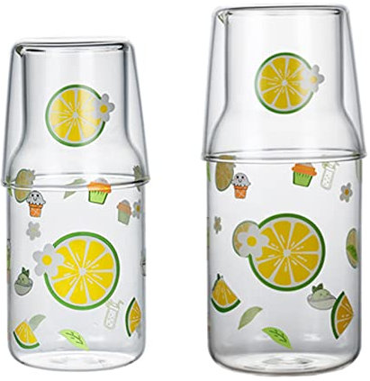 MINGZHE 2-teiliges Nachttisch-Wasserkaraffen-Set mit Becher, Wasserkrug und Tasse, klares Glas, Saft, Wasserkrug mit Zitronenaufdruck (beide)