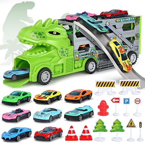 Camiones Juguete Coche para 3 4 5 Años, Parking Garaje de Dinosaurio Regalo para Niños con 8 Minicoches 1 Accesorios de Mapa Carreteras Juego